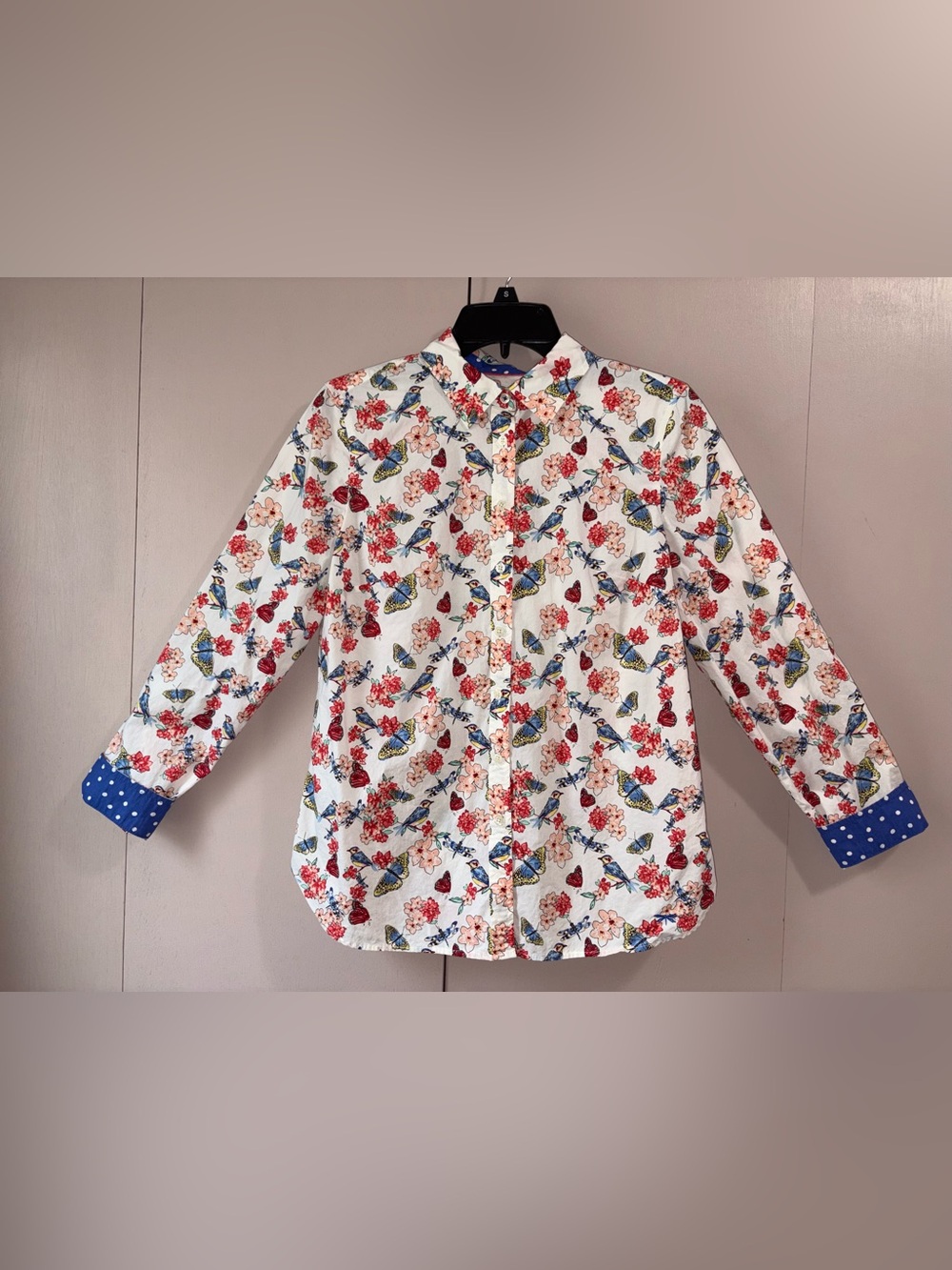 Talbots Petites Flower Birds Dragonfly Garden Button-Up Shirt Size 8P